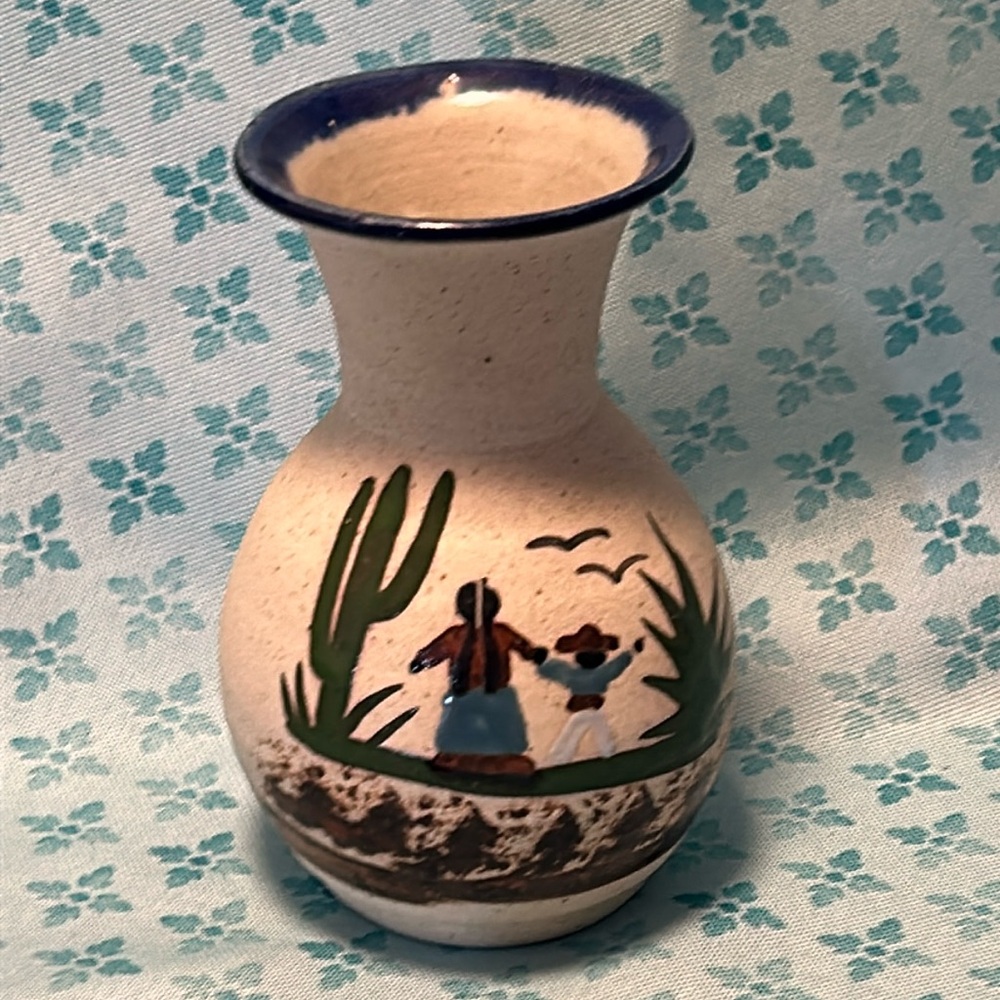 Vintage Tonala Pottery Vase Mother & Son In Desert Hand Painted Signed Mexico